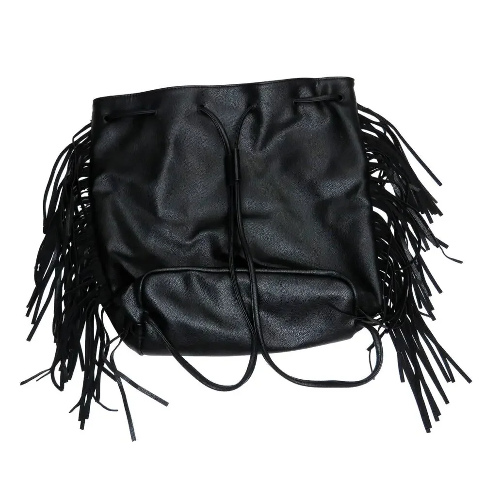 Y2k Victoria’s Secret Black Faux Leather Drawstring Tassel Backpack - Picture 8 of 12